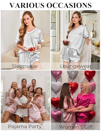 Image of Silk Pajamas for Women Short Sleeve Satin 2 Piece Pj Set Soft V Neck Sleepwear Loungewear, S-XXL