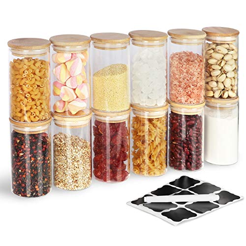 CycleMore 350ml 12 Pack Kitchen Glass Canisters with Airtight Bamboo Lid Food Storage Canisters Set Glass Jars for Flour Sugar Coffee Cookie Jar Candy Snack and More65cmX12cm