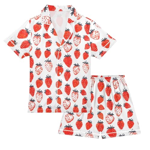 Retro Strawberry Painting Summer Satin Pajama Set, Cute Button-Down Sleepwear Pj Set for Sleep Wears