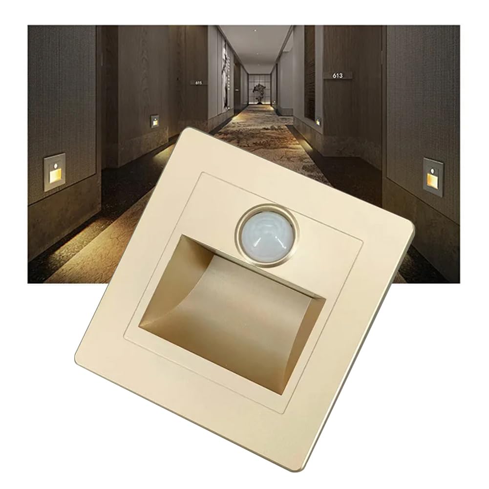 Opaeroo 4Pcs Motion Sensor Stair Lights 3W Recessed LED Step Light 3000K Indoor Stair Step Wall Lamp Staircase Bedroom Decoration 1Pcs Gold