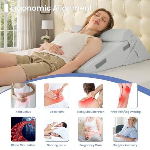 Image of Sasttie Wedge Pillow Set for After Surgery, 2PCS Adjustable Bed Wedge Pillow Headboard with Memory Foam Neck Cushion - for Acid Reflux, Sleeping, Neck & Back Support, Light Grey