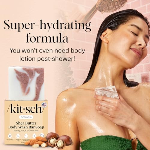 Image of Kitsch Shea Butter Exfoliating Body Wash Bar Soap - Super Hydrating with Plant-Based Exfoliating Body Scrub - Moisturizing Skin Care - Paraben, Silicone & Sulfate-Free, Vegan - Made in USA, 4 oz