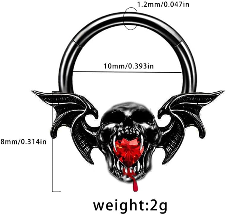 16G Black Devil Nose Septum Ring for Women Men Stainless Steel Skull Bat Septum Jewelry 10mm Hoop Nose Rings Cartilage Earrings Halloween Nose Piercing Jewelry