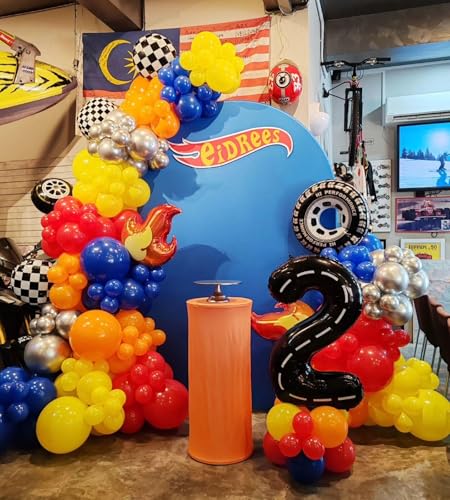 Image of 160Pcs Race Car Balloon Garland Arch Kit - Car Wheels Checkered Balloons 18 12 10 5 Inch Different Size Balloons for Racing Car Two Fast 2nd Monster Theme Birthday Party Decorations Supplies