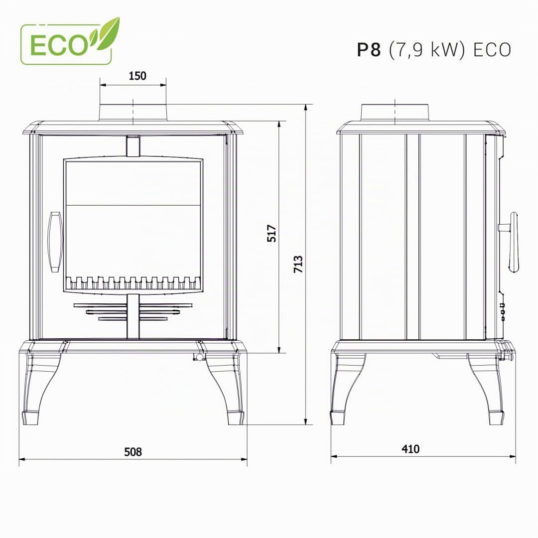 Stufa a legna libera installazione, in ghisa nera - P8 (7,9 kW) ECO