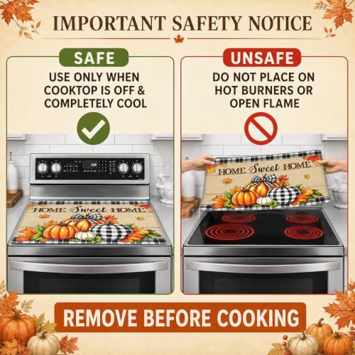 Image of Fall Pumpkin Stove Top Cover for Electric Glass Cooktop 28.5 x 20.5 Inch | Soft printed surface with a 3 mm non-slip rubber base, stitched edges, 2 hanging loops and 2 hooks included