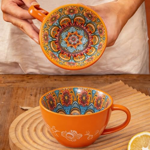 Mug artesanal de cerámica pintado a mano 14 oz naranja
