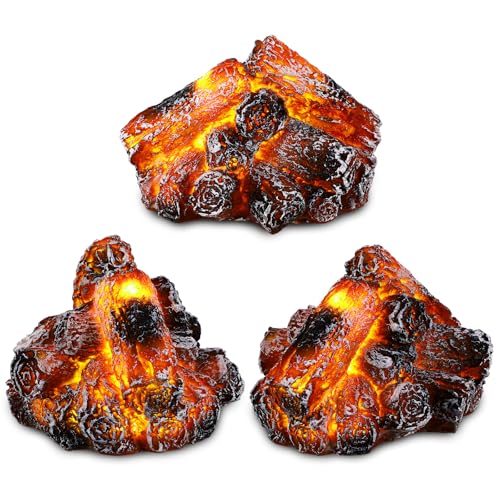 Glooglitter 3 Pcs Flameless Fireplace Lights 3D Artificial Wood Burning Flame with Realistic Log Artificial Fire Flames Simulation Charcoal Flame Lamp for Christmas Home Decor