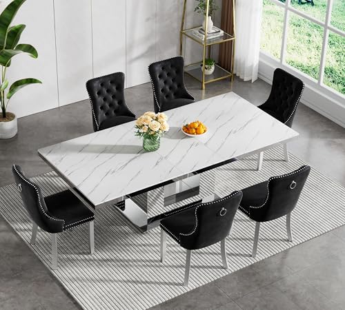Image of Modern Extendable Dining Table Set for 6, Faux Marble Expandable Table with 6 Black Velvet Chairs & Silver Mirrored Pedestal Base, 63 inch to 94 inch 3-Position Expansion, 7 Piece Luxury Dining Room Table Set