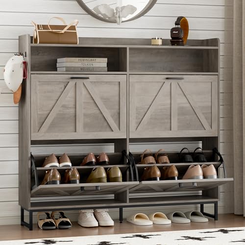 Image of BORNOON Shoe Cabinet with 4 Flip Drawers Narrow Shoe Storage Cabinet Organizer Wooden Freestanding Shoe Rack Hidden Slim Shoes Storage Cabinet for Entryway, Hallway, Living Room, Bedroom