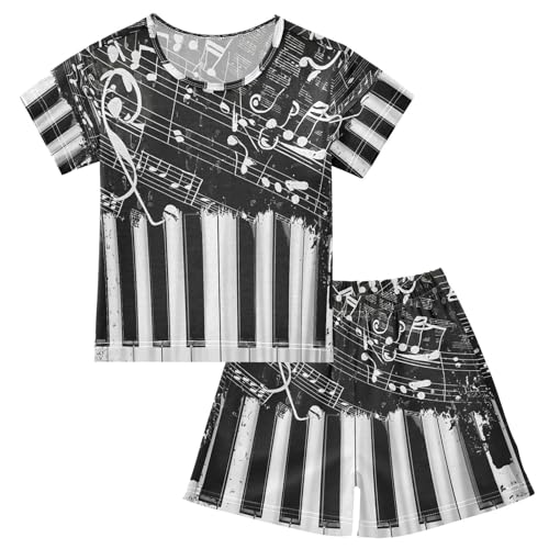 ALAZA Piano Keyboard Music Black White Pajamas Set Short Sleeve Cotton Sleepwear Summer Pjs 2 Piece 5-14Y