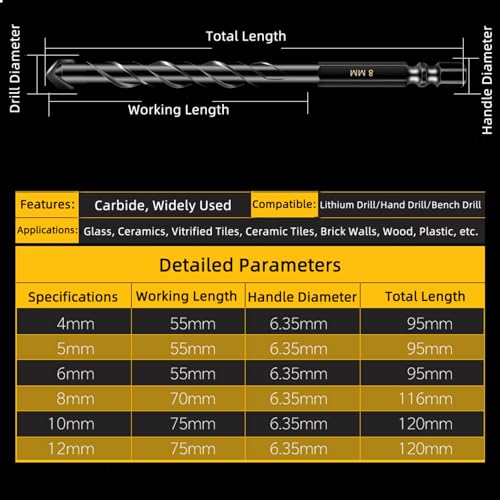Masonry Drill Bits Set 11PCS Carbide Concrete Drill Bit Set Porcelain Tile Drill Bits for Stone Tile Brick Ceramic Glass Metal Sheet Plastic and Wood - Image 3