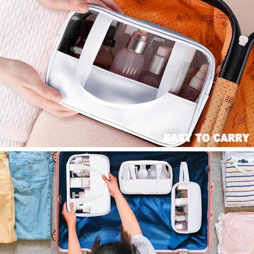 Image of KBS Toiletry Kit Cosmetic Makeup Storage Organizer Clear Styilish Wash Bag Pouch Set of 3 for Travel Luggage Transparent with Metal Zipper Gift for Men Women Girls (Cream)