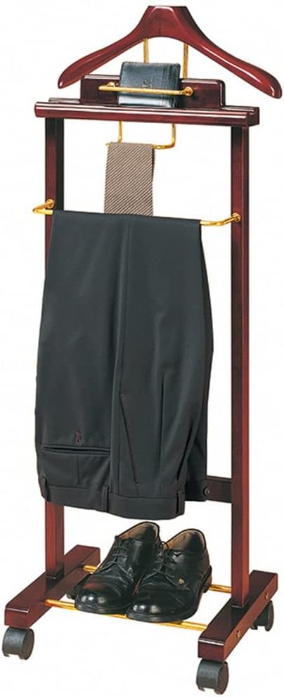 Deluxe Mahogany Hardwood Clothes Valet Stand – Freestanding Suit Hanger with Wheels Trouser Bar Tie Rack & Shoe Storage – Stylish Clothing Organizer for Men,