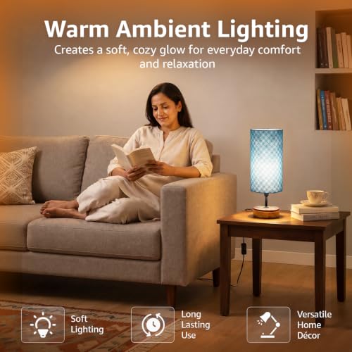 Image of Amazon Basics Bagru Indigo Table Lamp | Hand-Painted Mango Wood Base with Printed Polyester Shade | E14 Holder | Decorative Night Lamp for Bedroom, Living Room & Study Room | Home Decor Gift