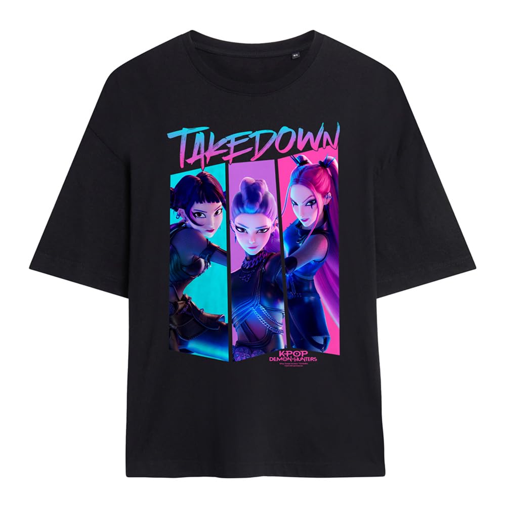 Kpop Demon Hunters Huntrix Demons Takedown Comic Ladies Oversized T Shirt, Black, XX-Large