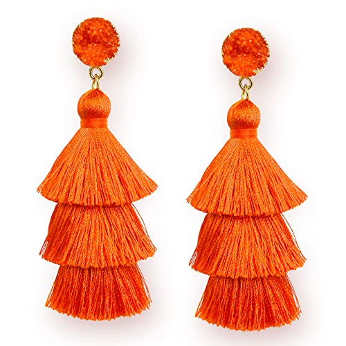 Halloween Earrings for Women Orange Tassel Earrring Layered Fringe Dangle Drop Orange Earrings for Women Trendy Statement Fall Earring Cute Halloween Costume Jewelry Fun Thanksgiving Gifts