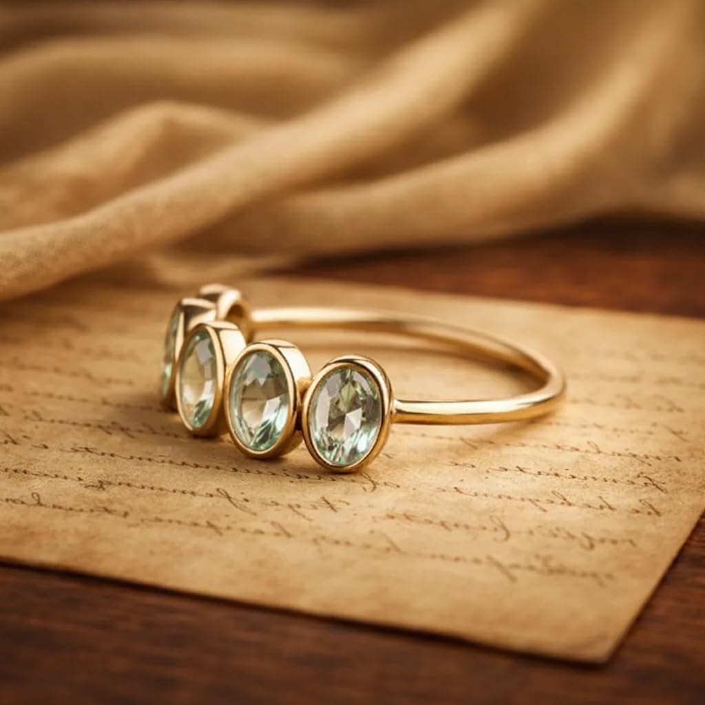 14K Yellow Gold Green Amethyst Half Eternity Ring Five Oval Bezel Set Wedding Band Minimalist Stackable Anniversary Promise Ring Dainty Fine Jewelry Gift for Her