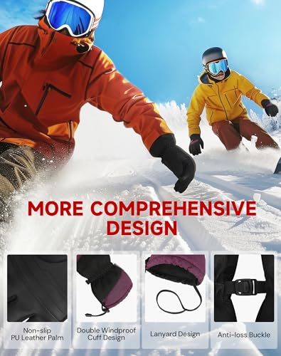 AXEVMEN Guantes de invierno impermeables para esquí y nieve para mujeres y hombres (rojo rosa, talla L) - imagen 5