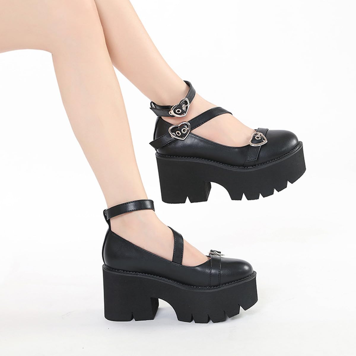 Zapatos Mary Jane para Mujer Negros Vestir Bailarinas Plataforma Tacones Gruesos Punta Redonda Hebilla Y2K Calzado Gótico para Usar con Jeans Vestido JK para Fiestas Viajes Cosplay Trabajo