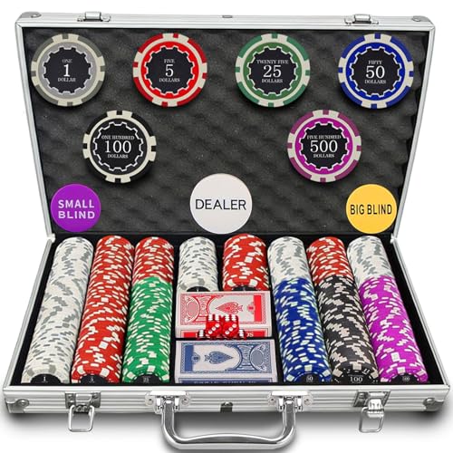 500 Chips Professional Poker Chip Set with Aluminum Case, 11.5 Gram Composite Clay Chips, 2 Decks of Cards, 5 Dice & Dealer Button - Perfect for Texas Holdem, Blackjack, Casino Night (500 pcs)