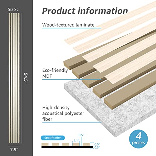 Image of Art3d 4-Pack Soundproof Wood Slat Wall Panel, 94.5 x 7.9 Inch, White Elm