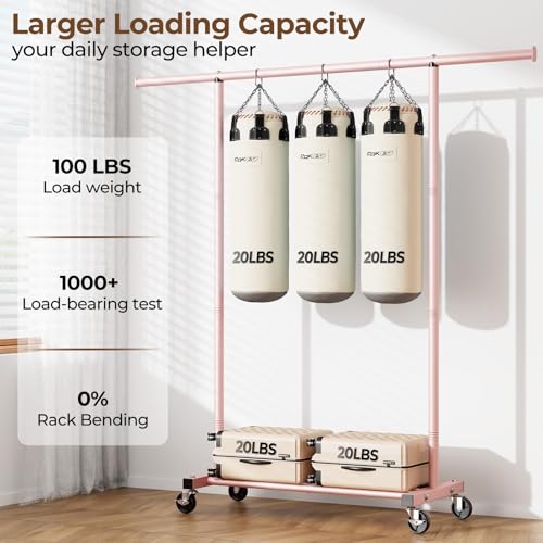 Clothes Clothing Garment Rack with Wheels,46.5" L Portable Rolling Clothing Racks for Hanging Clothes, Sturdy Closet Wardrobe Rack Clothes Storage Organizer Hanger for Coats, Shirts, Dress,Pink