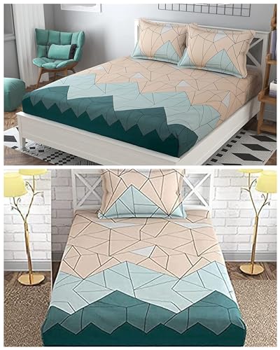 Image of Combo Pack of 2 Elastic Fitted Bedsheet 1 for Double Bed and 1 for Single Bed of Same Print 200TC(Pista Green)
