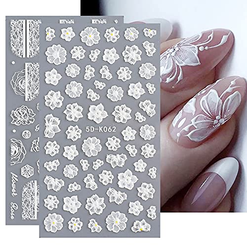 Flower Nail Art Sticker Decals 5D Hollow Embossed Exquisite Pattern Nail Art Supplies Self-adhesive Luxurious Nail Art Decoration Accessories White Feather Lace Flower Leaf Carving Design for Girl DIY Acrylic Nail Art, 3 Sheets