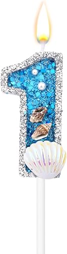 Velas de números de cumpleaños de 3 x 2 pulgadas, velas de números azules con purpurina, velas de cumpleaños con conchas, conchas y lentejuelas para