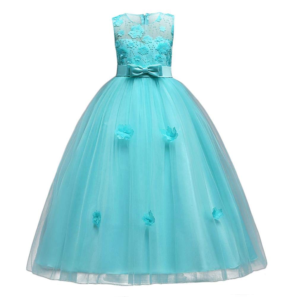Iwemek Girls Turquoise Flower Lace Tulle Wedding Bridesmaid Communion Evening Party Bowknot Dress Embroidered Formal Pageant Birthday Prom Dance Ball Gown Maxi Flower Dress 8-9 Years