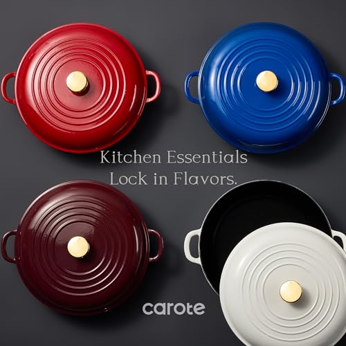 Image of CAROTE 3.4QT Enameled Cast Iron Braiser Pan, Shallow Dutch Oven Casserole Skillets, Non-Toxic Cast Iron Pot with Lid for Grilling, Searing, Baking, Dual Handles, All Stovetop Compatible, White