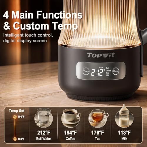 Image of TOPWIT 1.6L Smart Glass Electric Kettle with Temperature Control | Removable Stainless Steel Tea Infuser, Digital Touchscreen, 12 Hours Keep Warm, Auto Shut-Off, Ideal For Family Use, Grey