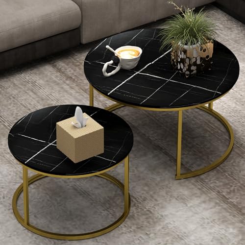Furnivado 31.5' Nesting Coffee Table Set of 2, Round Marble Pattern Table with Wood Grain Top, End...