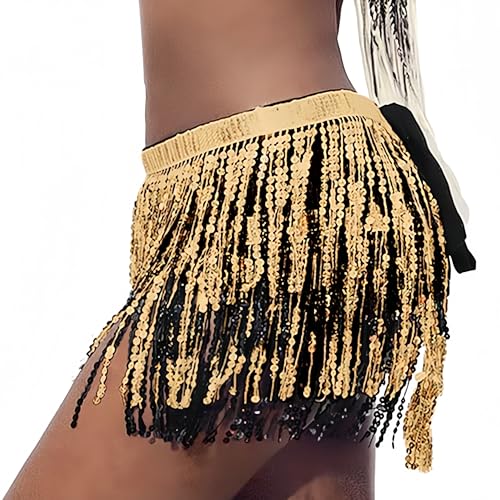 MUNAFIE Sequin Tassel Hip Scarf Sequin Tassel Skirts Rave Fringe Hip Scarf for Festival Belly Dance Skirt