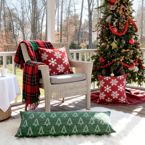 Image of 2 Pack Christmas Pillow Covers 18x18, Chenille Double-Sided Snowflake & Christmas Tree Decorative Throw Pillow Cases, Soft Farmhouse Holiday Cushion Covers for Sofa Couch Bed(Red,18x18)