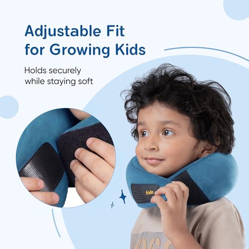 Image of Frido Kids Memory Foam Travel Neck Pillow with Travel Pouch | 360 Chin & Neck Support for Comfortable Sleep | Adjustable Velcro Straps | Ideal for Car, Flight & Road Trips | Sapphire Blue