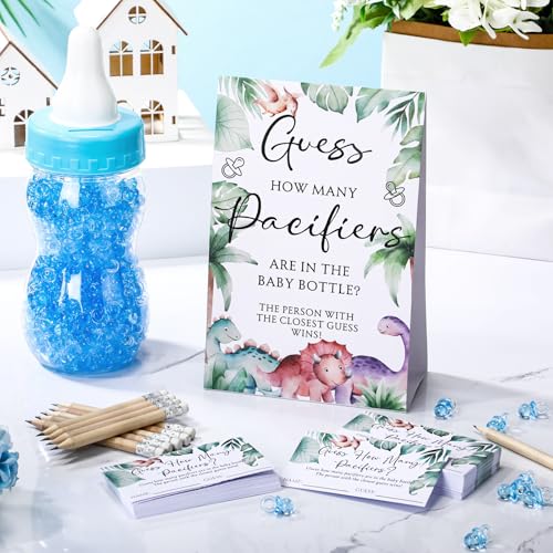 Image of Roowest 512 Pcs Baby Shower Games Guess How Many Pacifiers Sign 100 Small Guessing Games 10 HB Pencils 750ml Milk Bottle 400 Acrylic Pacifiers Decoration for Guest Gender Reveal(Cute,Dinosaur)