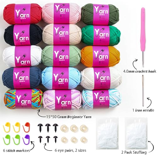 Image of 15 Pack Crochet Yarn Beginner - Black White Orange Red Green Rainbow Hot Pink Yellow Cotton Chunky Yarn - with Easy-to-See Stitches Beginner Yarn for Crocheting (15 * 50g)