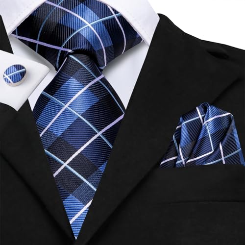 Image of Hi-Tie Mens Plaid Ties Classic Paisley Necktie with Handkerchief Cufflinks Set Business Stripe Tie