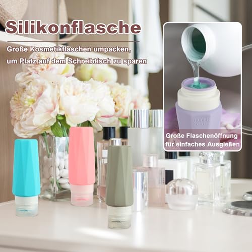 Silikon Reiseflaschen Set, 4 Stück 90ml Auslaufsichere Reisebehälter für Kosmetik und Toilettenartikel - TSA-konform mit No-Drip-Ventil - Ideal für Reise, Festival und Flugzeug