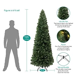 Vienna 9ft Prelit Slim Artificial Christmas Tree with 1455 Branch Tips 500 Warm Lights and Metal Stand 37 Wide Realistic Skinny Pencil Christmas Tree with Lights by Naomi Home