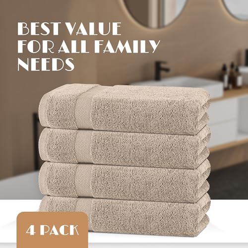 Image of White Classic Wealuxe Taupe Bath Towels 27x54 Inch, Cotton Towel Set for Bathroom, Hotel, Gym, Spa, Soft Extra Absorbent Quick Dry 4 Pack