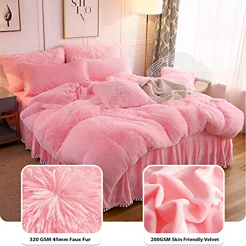 Liferevo Luxury Plush Shaggy Duvet Cover Set, Soft Velvet Fluffy Furry Duvet Cover Set(1 Faux Fur Fuzzy Comforter Cover + 2 Pom Poms Pillowcases) Solid Bedding Set, Zipper Closure(Full/Queen, Pink) #TOP3