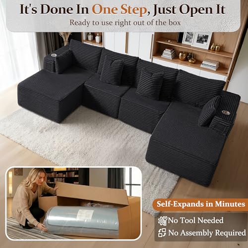 Image of 138 inch Cloud Sectional Couch, Comfort U Shaped Sofa for Living Room, Extra Deep Seats No Assembly, Minimalist Modular Couch, Corduroy (Black, 6 Seats,U-Shape C)