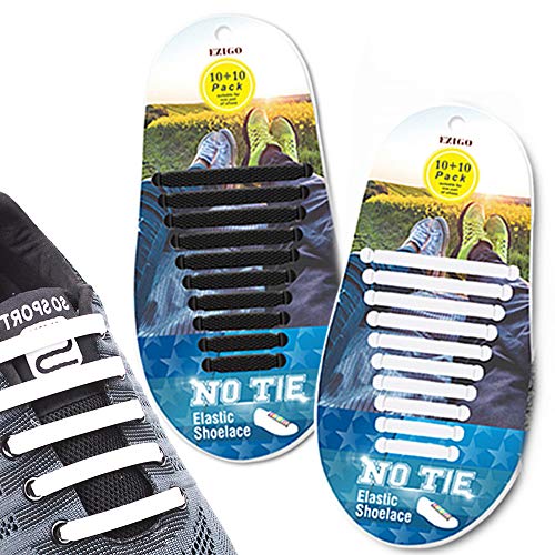 EZIGO Upgraded No Tie Shoelaces Widened Elastic Shoelaces for Adults/Kids Tieless Shoe Laces Waterproof Rubber Shoelaces for Sneakers Boots Casual Shoes [10+10 laces] Wide (a. Black+White)
