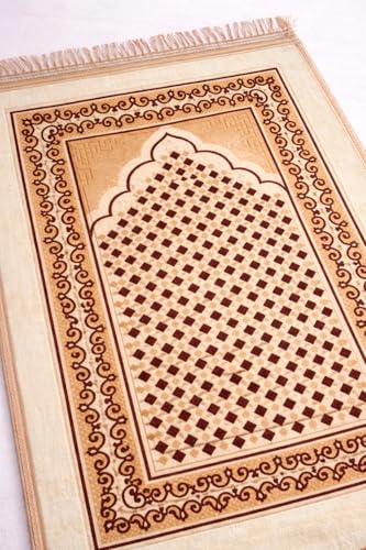 Image of Janamaz Prayer Mat Turkey Soft Velvet | Namaz Mat, Janimaz Namaz Aasan, Islamic Prayer Rug for Salah | 70x110 CM (Printed White9)