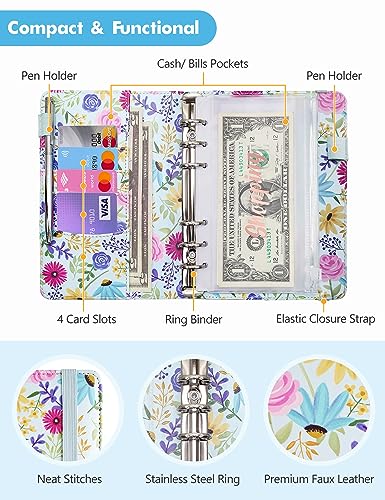 Image of A6 Budget Binder for Money Saving, PU Leather Budget Planner with 8 Cash Envelopes, Budget Sheets & Rose Gold Category Stickers, Money Organizer for Cash (Blue Flower)