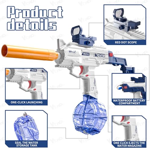 Image of VikriDA Electric Water Gun with Free Extra Rechargeable Battery, Powerful Water Guns Up to 35 FT Long Range, 500CC+60CC Capacity Super Water Blaster Summer Toys for Pool - Blue