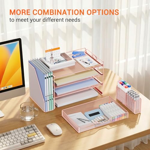 Image of OPNICE Desk Organizers and Accessories, 4-Tier Desktop File Organizer with Drawer and Pen Holders, Office Desk Accessories Workspace Organizers for Office Supplies (Rose Gold)